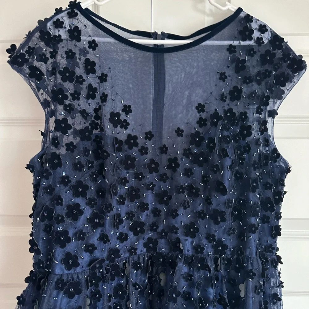 Mac Duggal Floral Embellished Illusion Midnight Midi Cocktail‎ Dress NWT